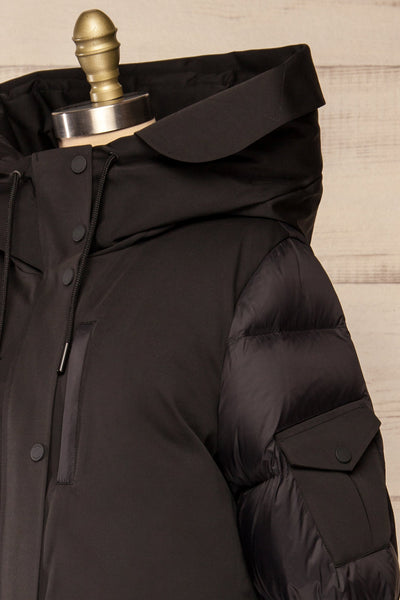 Mikaila Black Knee-length Quilted Jacket | La petite garçonne side close-up