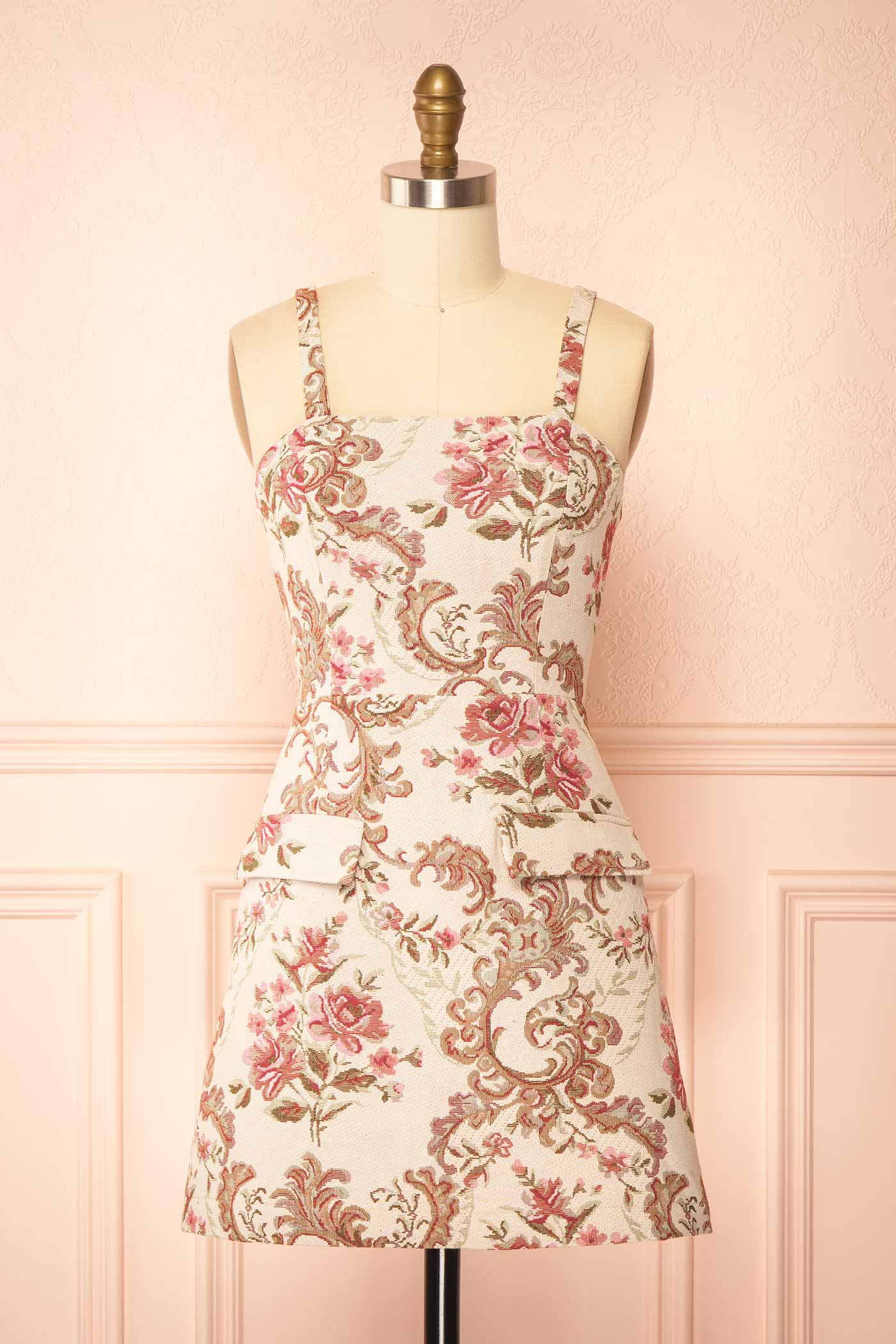 Mikela Ivory Floral Jacquard Mini Dress with Pockets | Boutique 1861 front