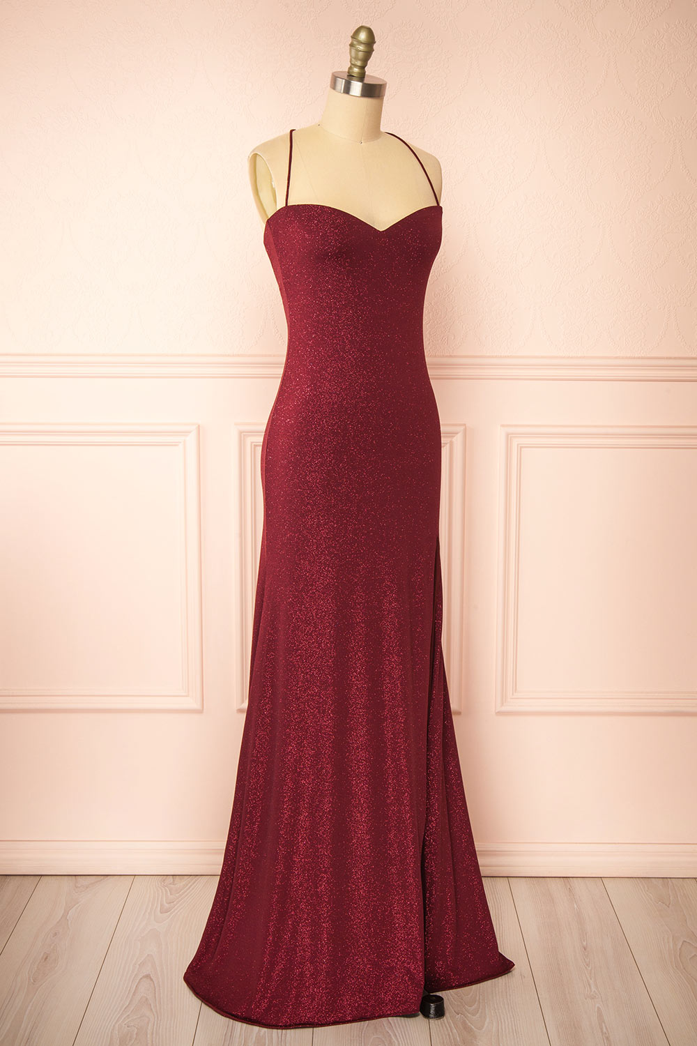 Milah Burgundy Glittery Mermaid Maxi Dress | Boutique 1861 side view