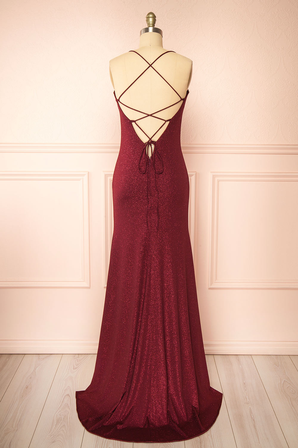 Milah Burgundy Glittery Mermaid Maxi Dress | Boutique 1861 back view