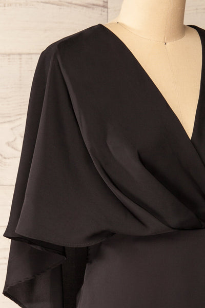 Milanoa Black Short Satin Dress w/ Cape | Boutique 1861  side close-up