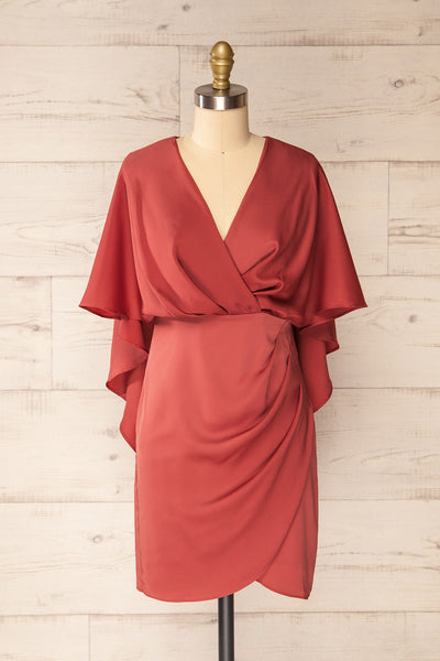 Milanoa Dark Pink Short Satin Dress w/ Cape | Boutique 1861 front view
