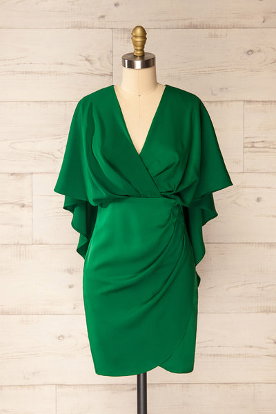 Milanoa Green Short Satin Dress w/ Cape | Boutique 1861 front view