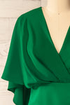 Milanoa Green Short Satin Dress w/ Cape | Boutique 1861 front close-up