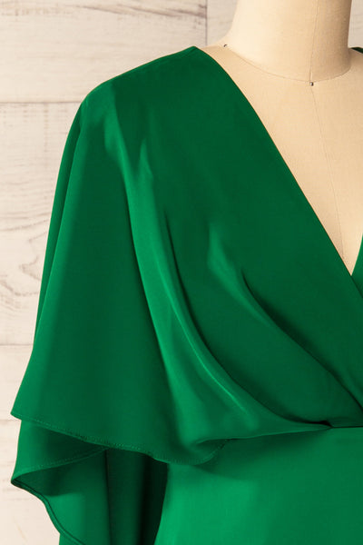 Milanoa Green Short Satin Dress w/ Cape | Boutique 1861 side close-up