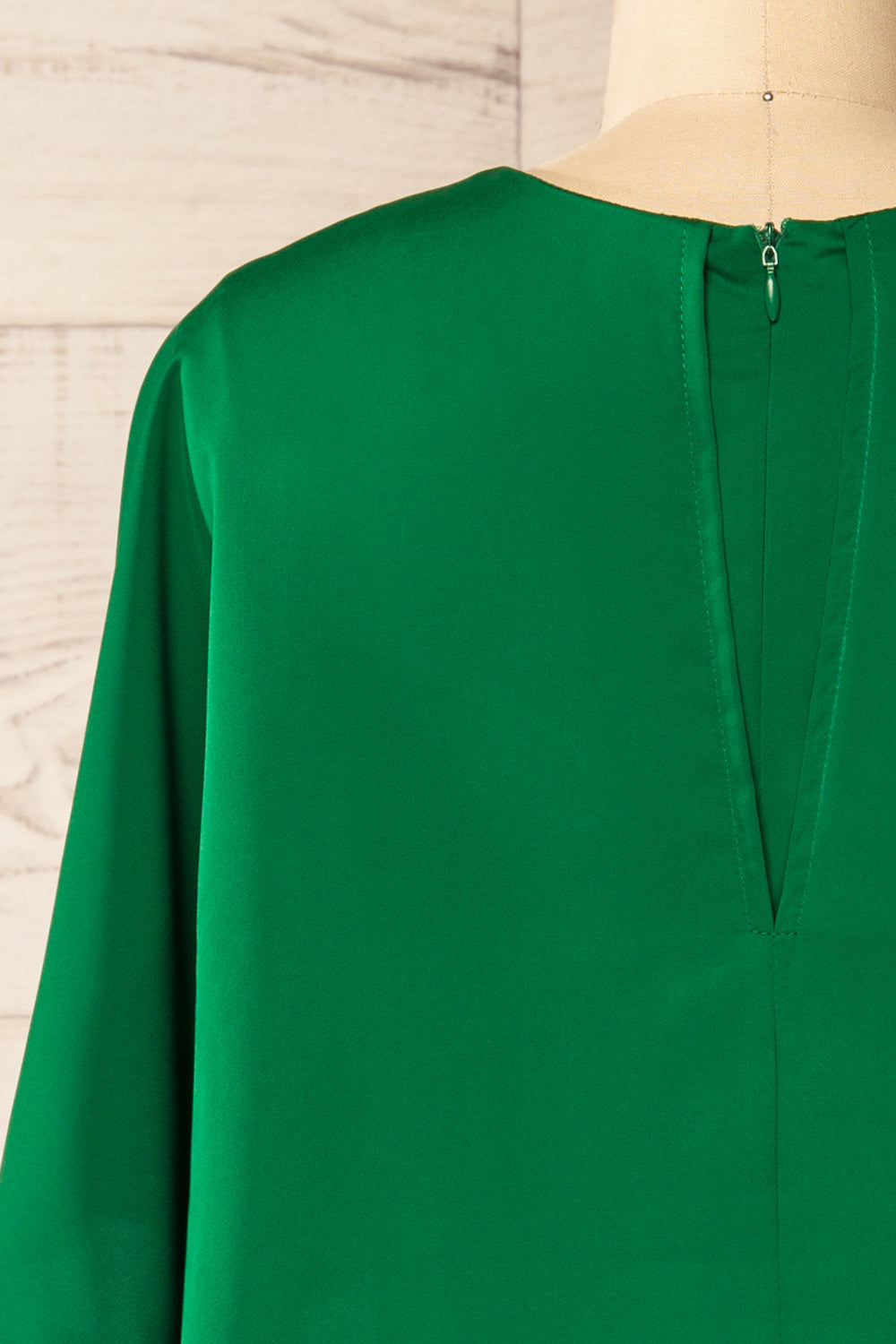 Milanoa Green Short Satin Dress w/ Cape | Boutique 1861 back close-up