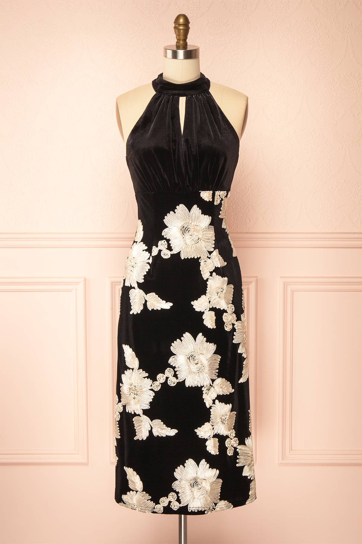 Front view of Minami Black Velvet Midi Halter Dress at Boutique 1861 