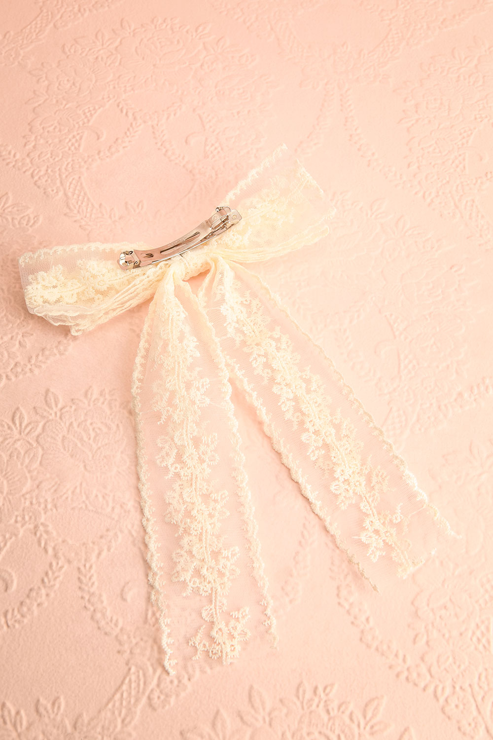 Minha Ivory Mesh Bow Barrette w/ Embroidery | Boutique 1861 back view