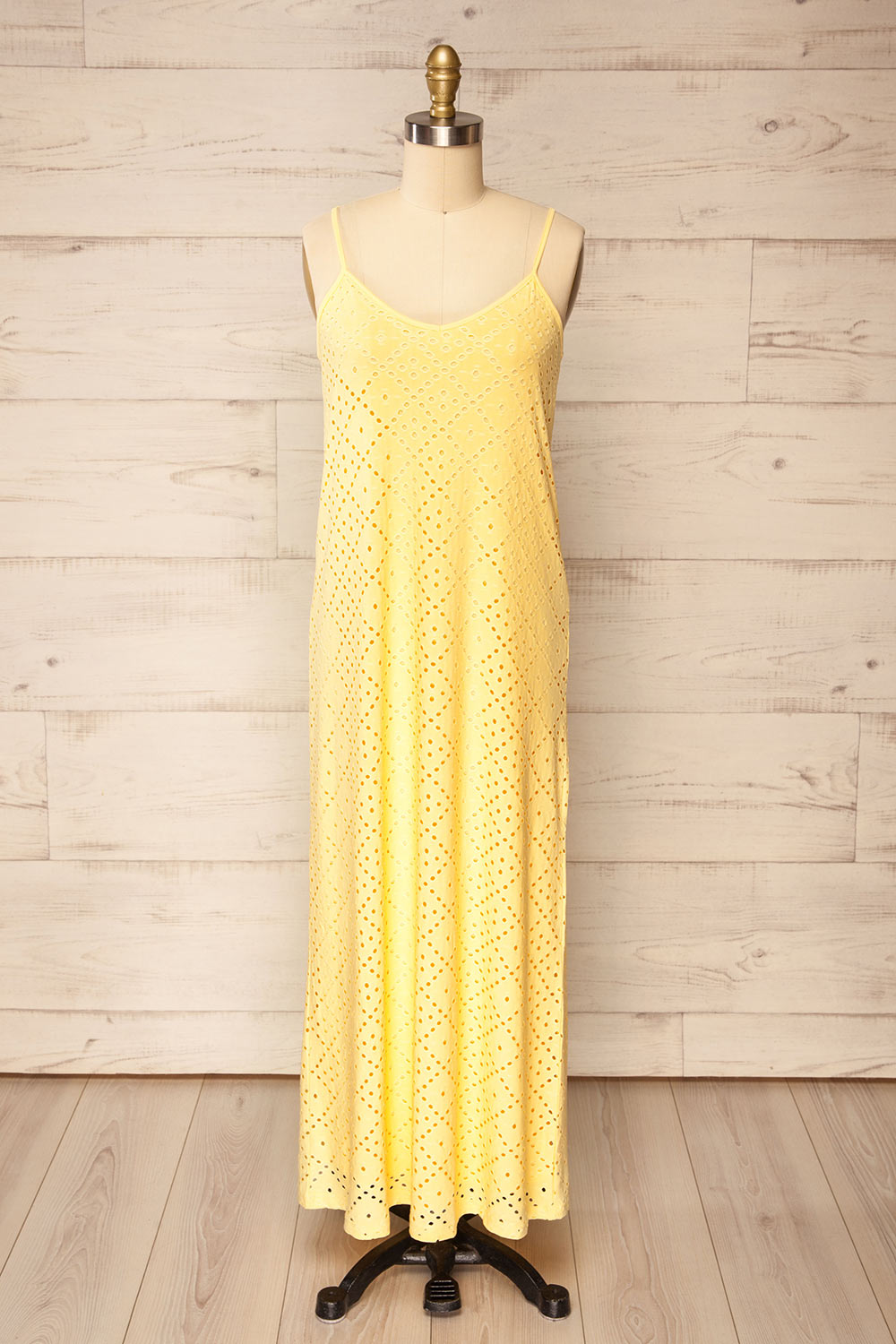Miraflores Yellow Openwork Straight Midi Dress | La petite garçonne front view