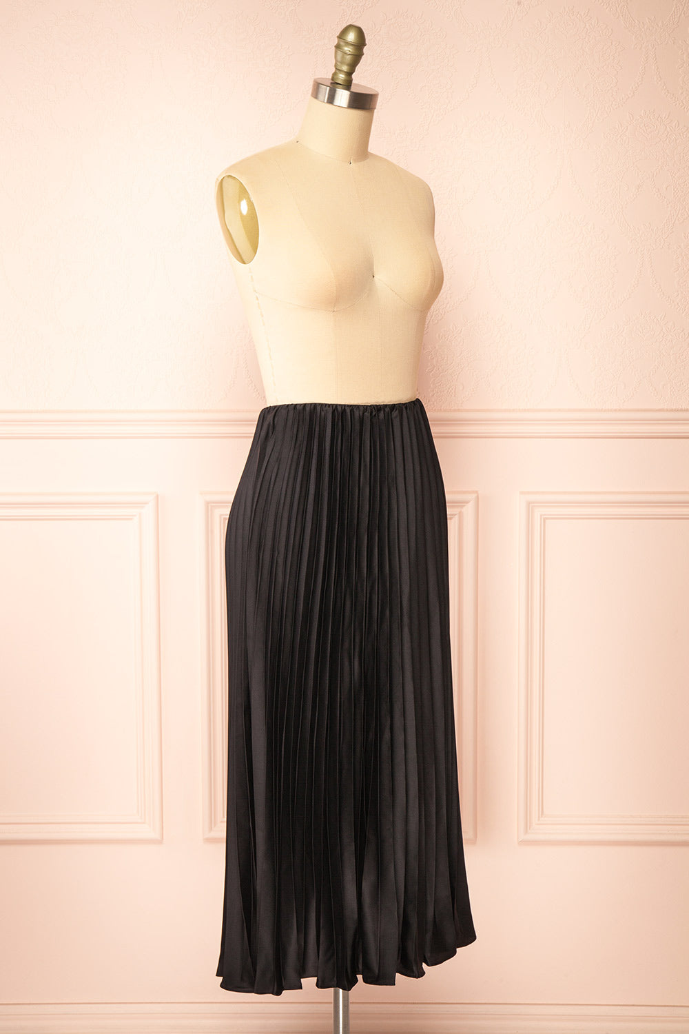 Mirys Black Pleated Satin Midi Skirt | Boutique 1861 side view