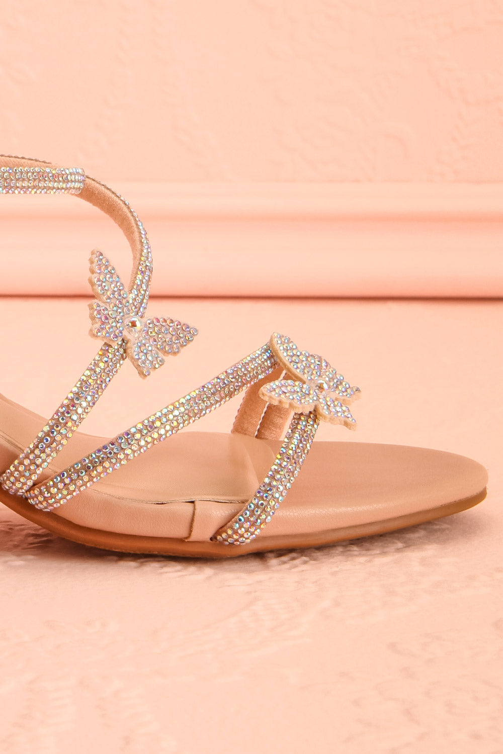 Mishy Beige Block Heel Sandals with Butterfly Accents | Boutique 1861 side front