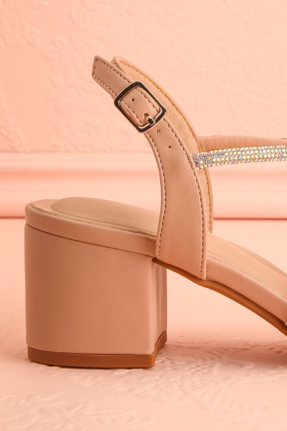 Mishy Beige Block Heel Sandals with Butterfly Accents | Boutique 1861 side heel