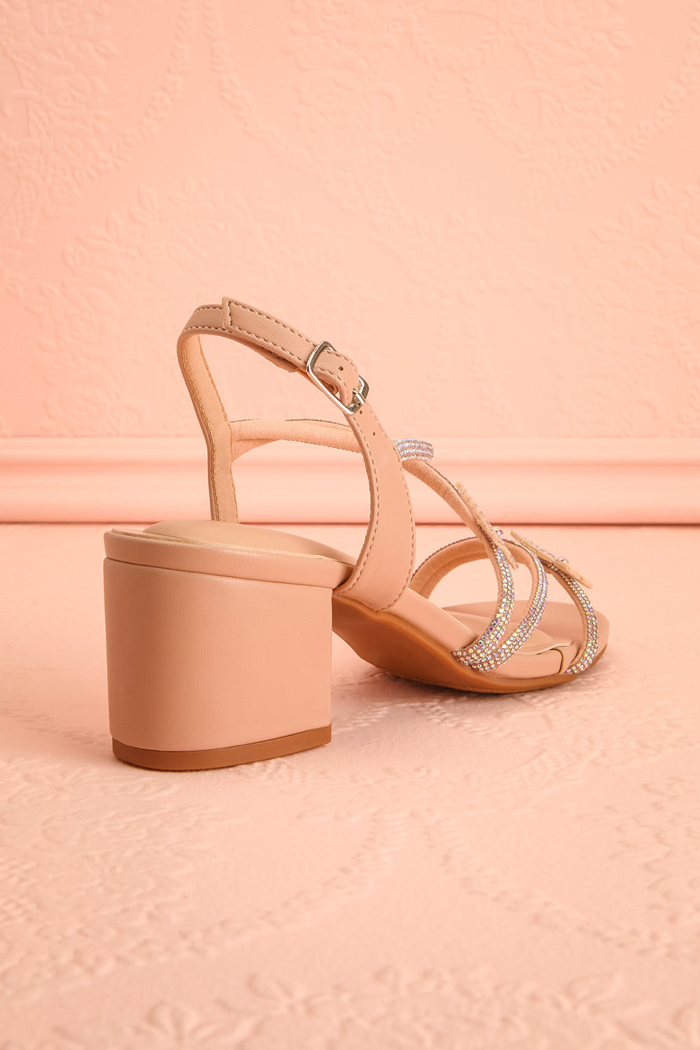 Mishy Beige Block Heel Sandals with Butterfly Accents | Boutique 1861 back view