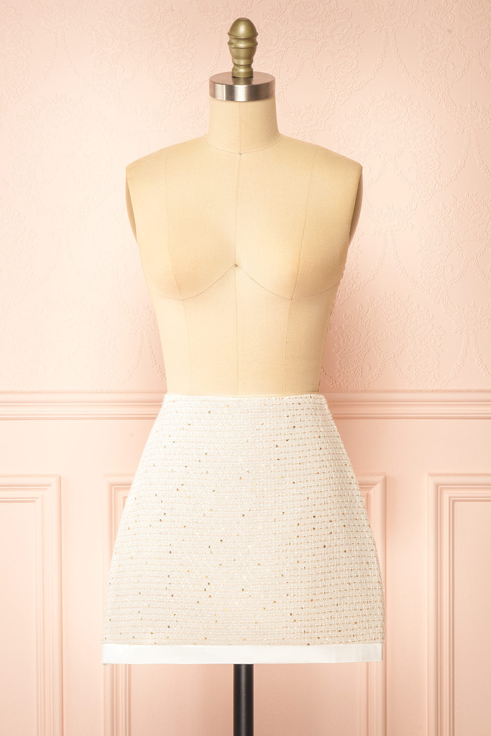 Miskilee Beige Tweed Mini Skirt w/ Sequins | Boutique 1861 front view