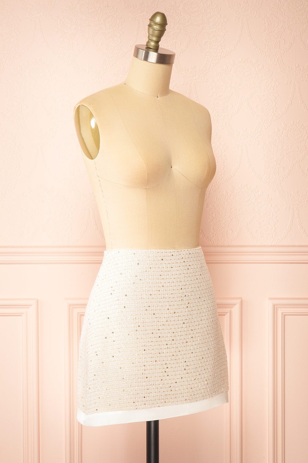 Miskilee Beige Tweed Mini Skirt w/ Sequins | Boutique 1861 side view