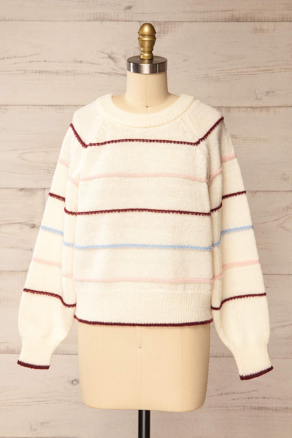 front view of Mistissini Ivory Striped Crewneck Knit Sweater at La petite garçonne