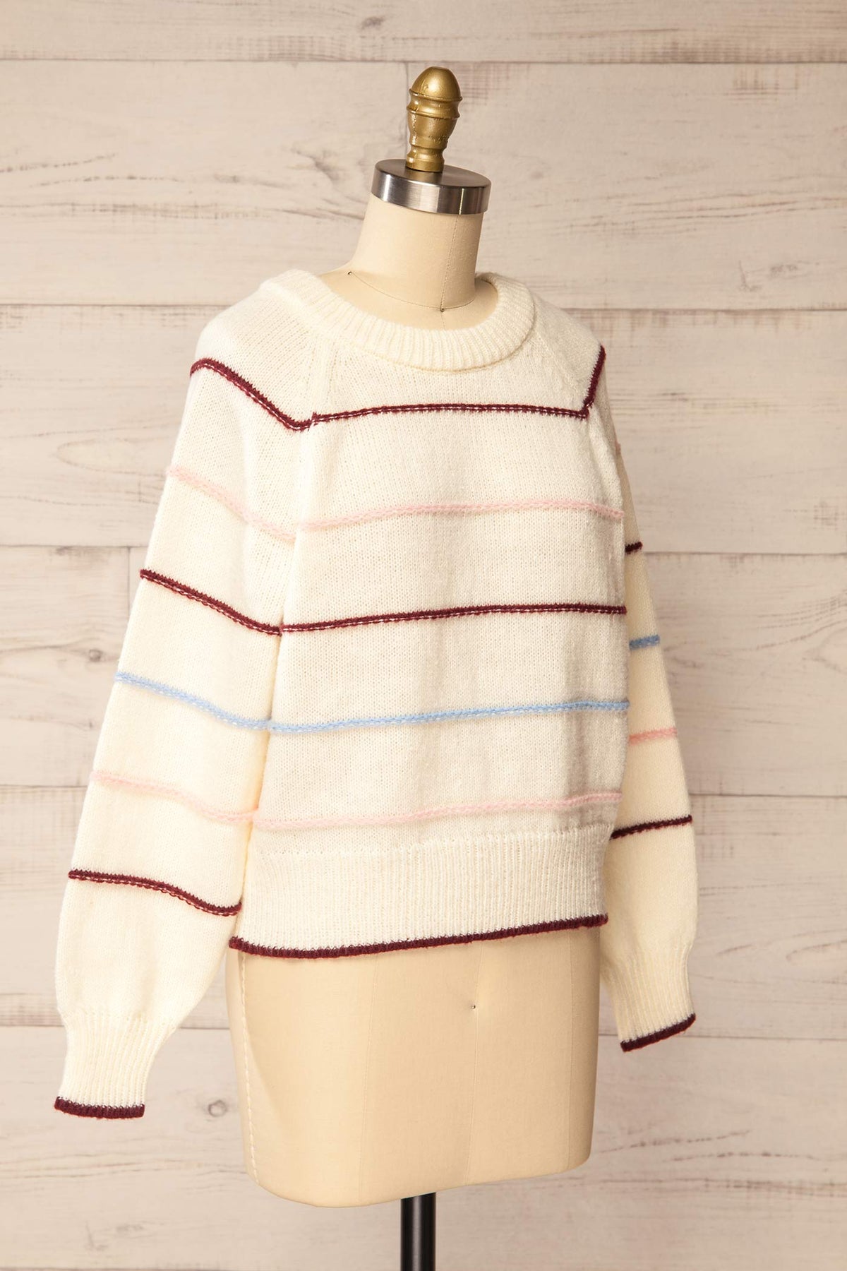 side view of Mistissini Ivory Striped Crewneck Knit Sweater at La petite garçonne