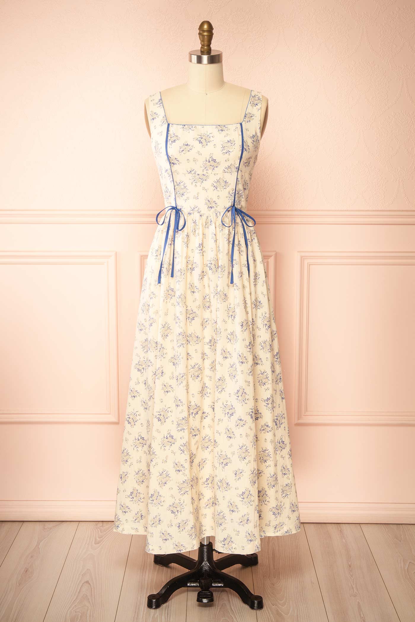 Mitsar Blue Long Floral Dress with Bow Ties | Boutique 1861 front