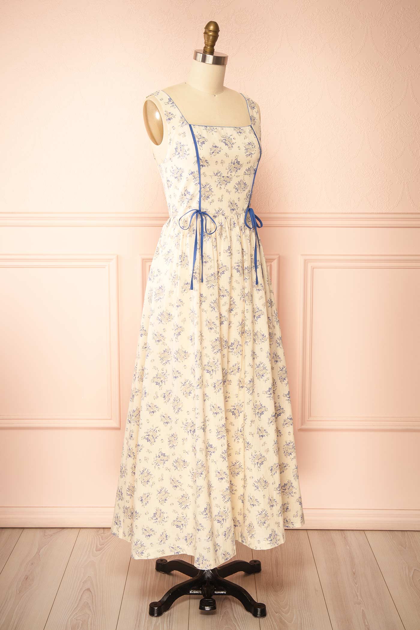 Mitsar Blue Long Floral Dress with Bow Ties | Boutique 1861 side