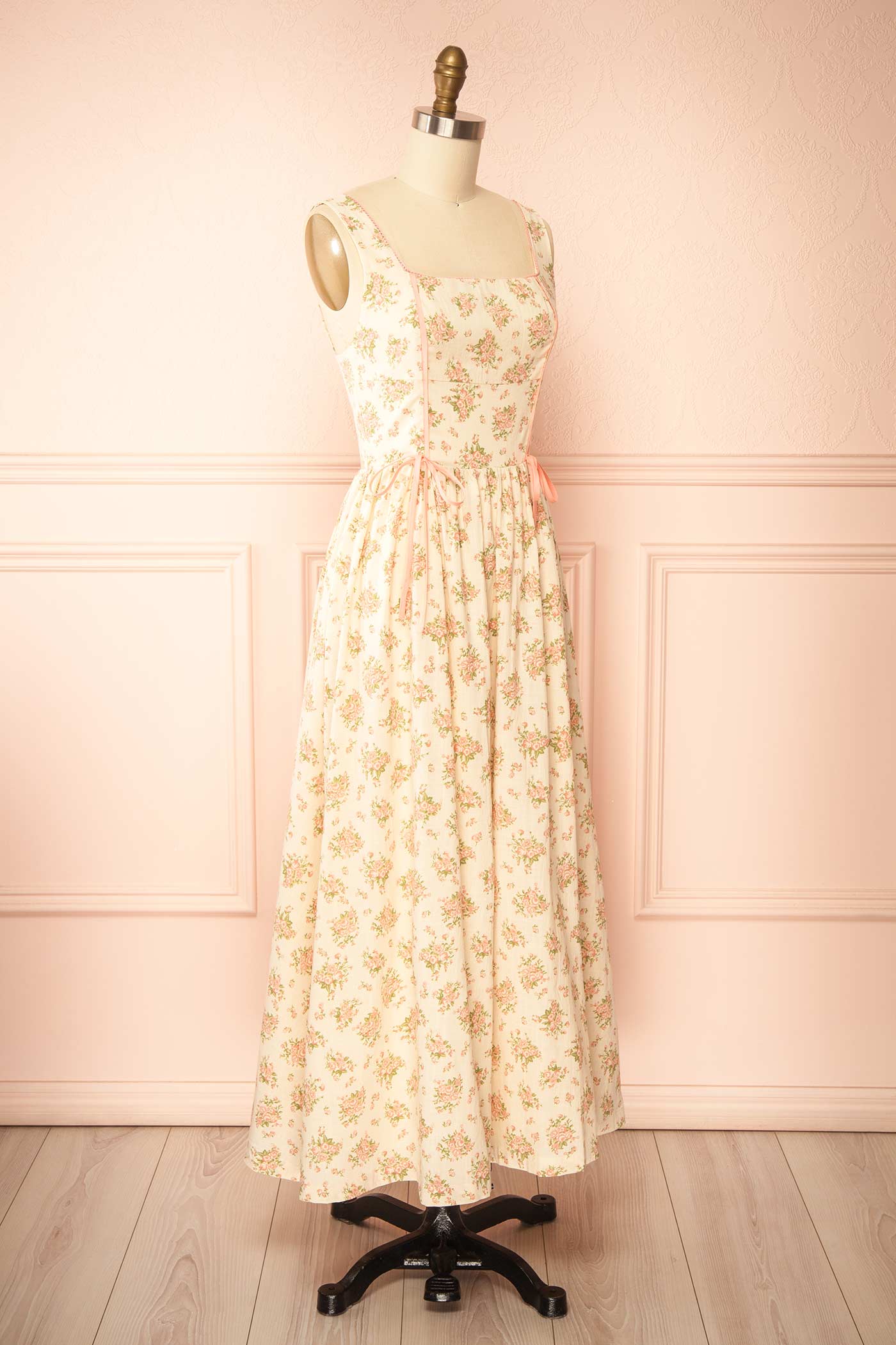 Mitsar Pink Long Floral Dress with Bow Ties | Boutique 1861 side 