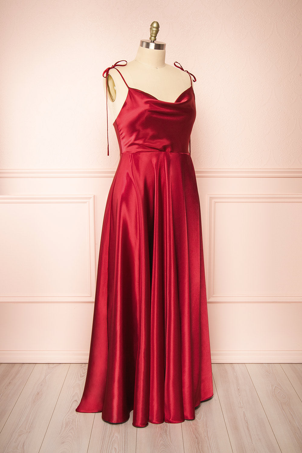 Moira Burgundy Cowl Neck Satin Maxi Dress w/ High Slit | Boutique 1861 plus size side