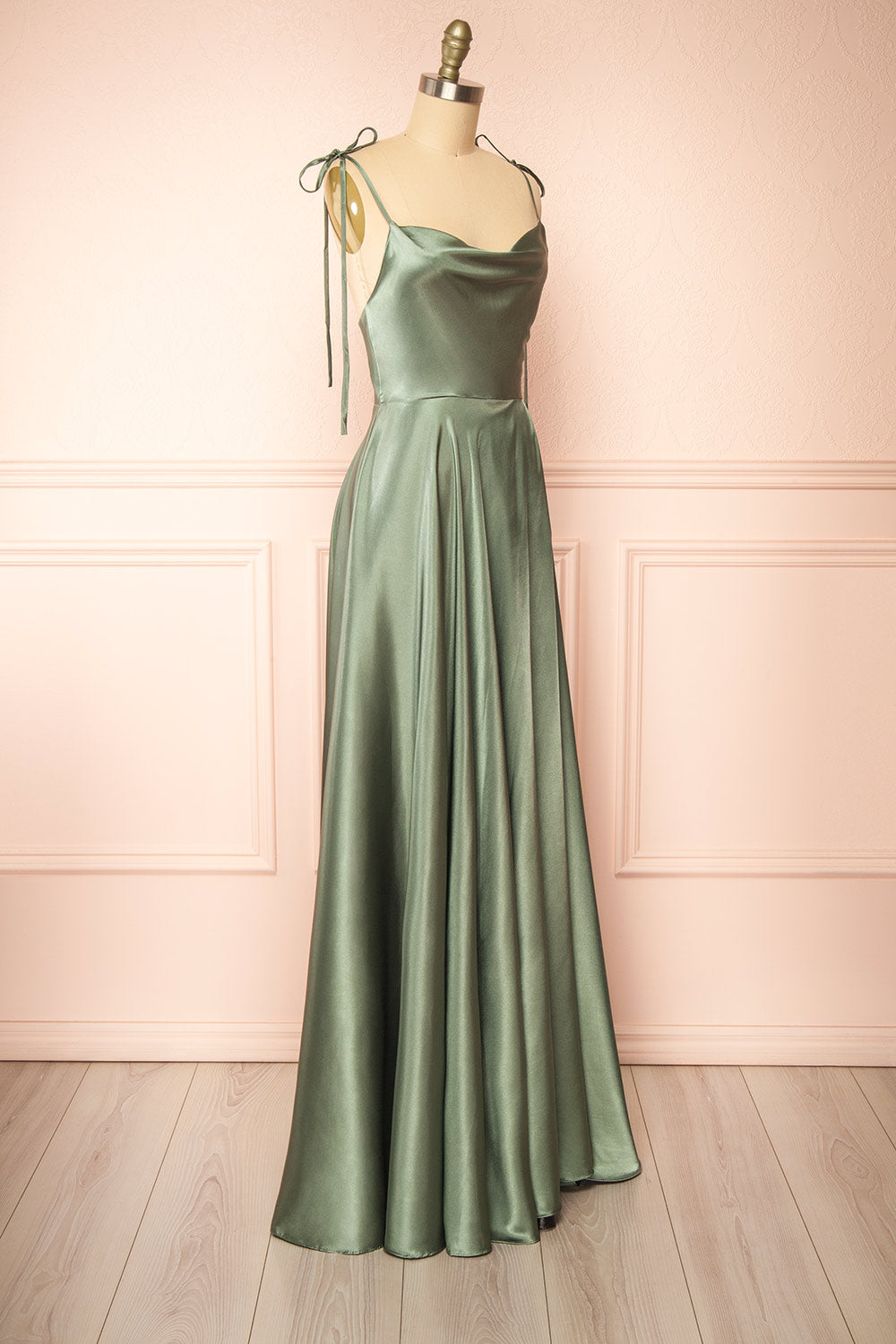 Moira Khaki Cowl Neck Satin Maxi Dress w/ High Slit | Boutique 1861 side view