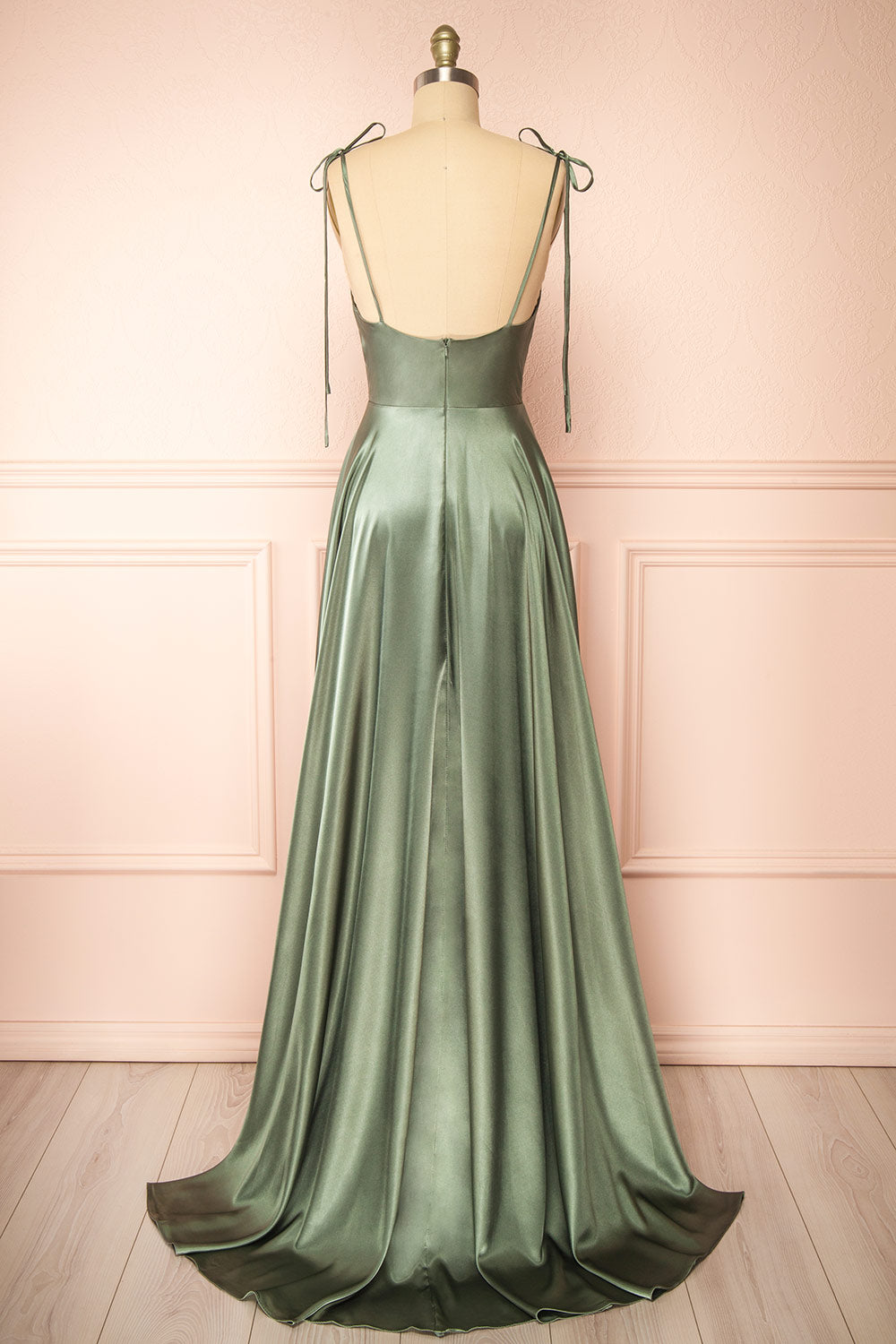 Moira Khaki Cowl Neck Satin Maxi Dress w/ High Slit | Boutique 1861 back view