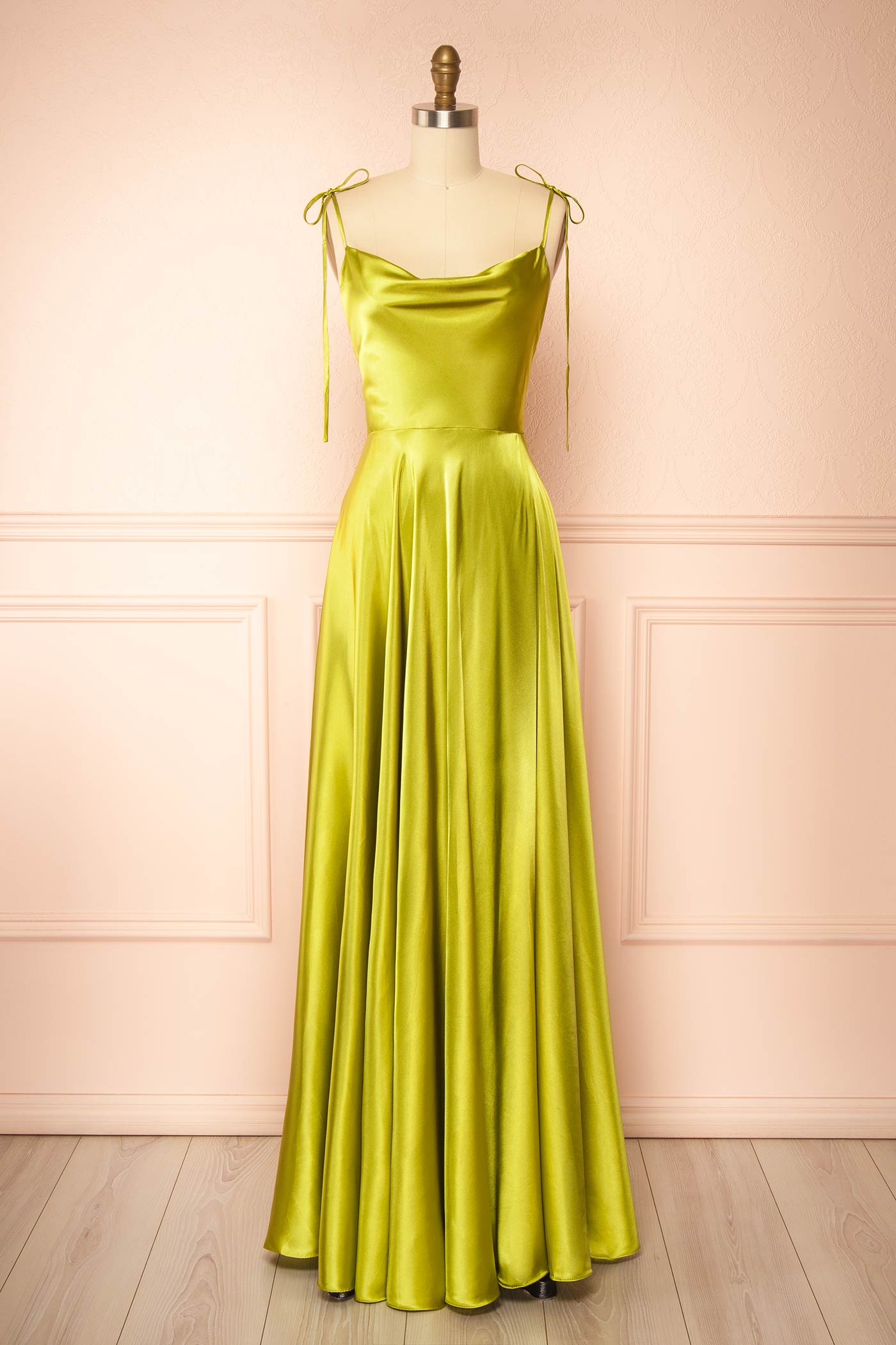 Moira Olive Green Cowl Neck Satin Maxi Dress with High Slit | Boutique 1861 fornt