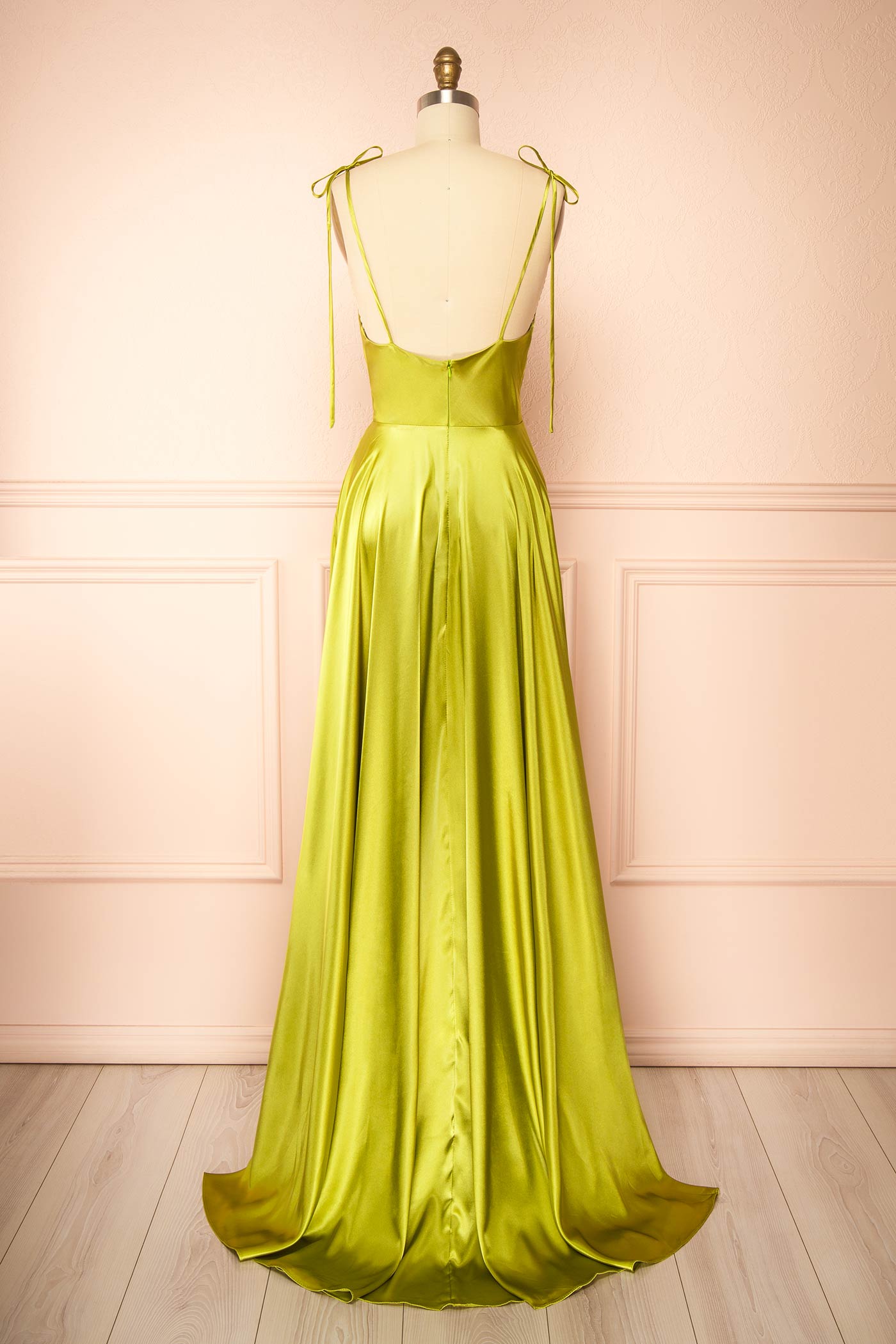 Moira Olive Green Cowl Neck Satin Maxi Dress with High Slit | Boutique 1861 back