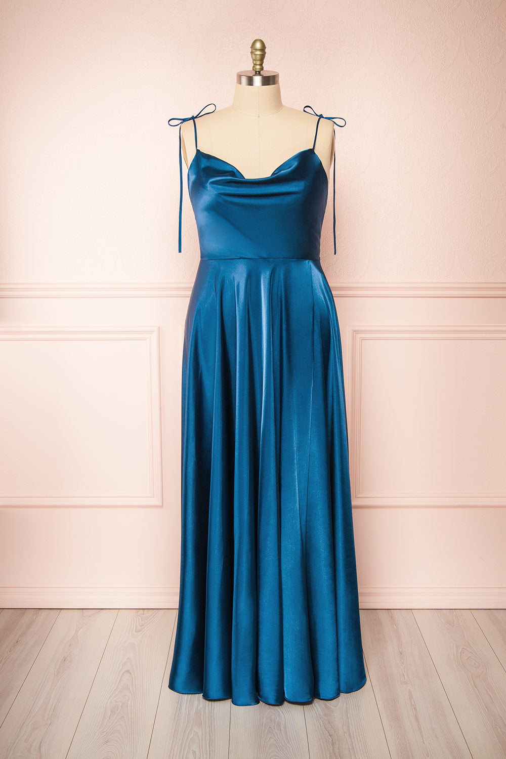 Moira Navy Cowl Neck Satin Maxi Dress w/ High Slit | Boutique 1861 plus size front