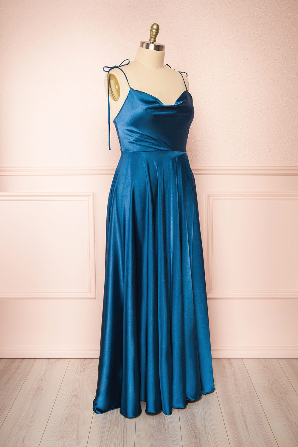 Moira Navy Cowl Neck Satin Maxi Dress w/ High Slit | Boutique 1861 plus size side