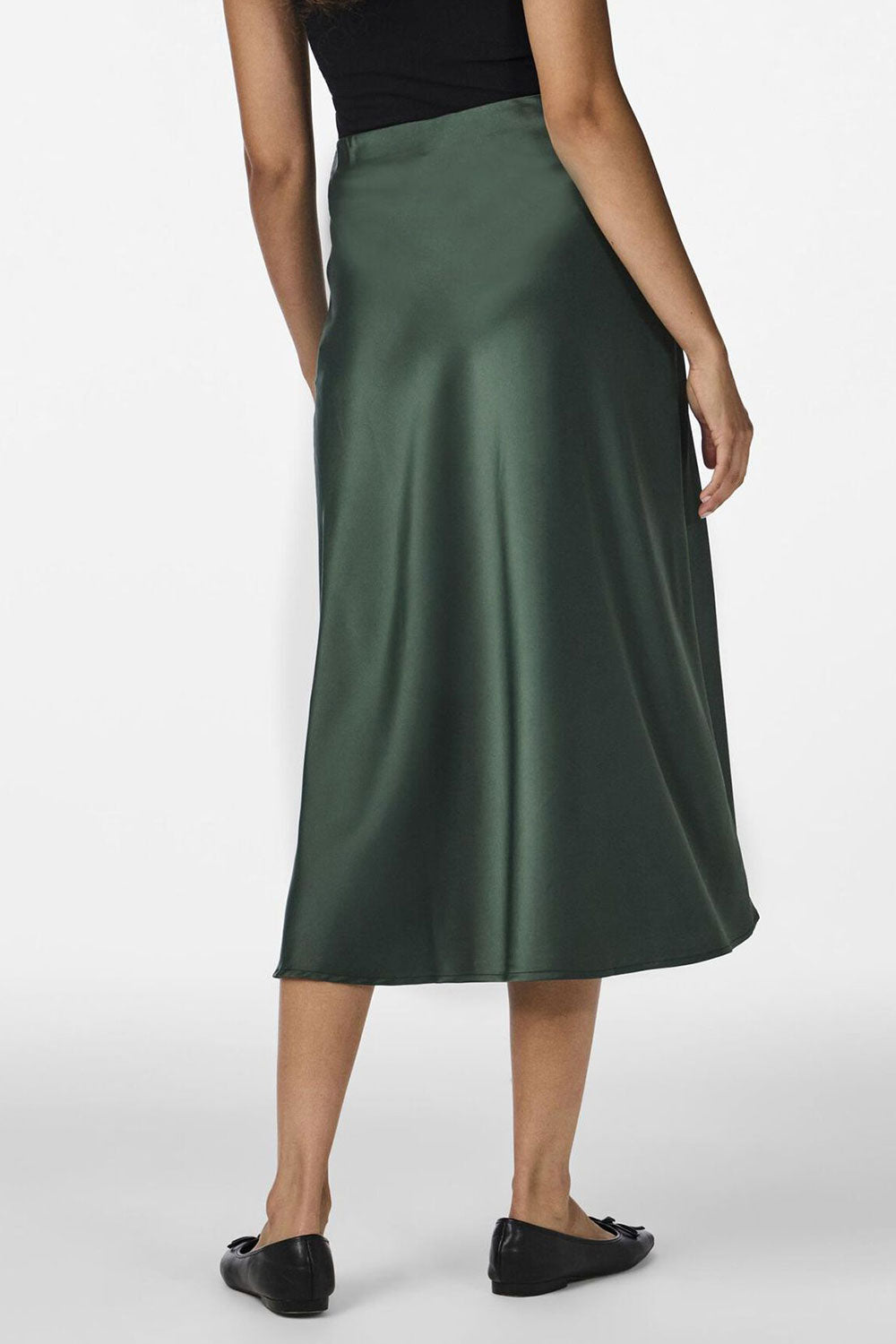 person wearing Molokai Midi Emerald Satin Skirt from La petite garçonne back