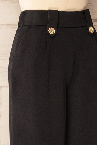 Mombasa Black Wide-Leg Pants w/ Golden Buttons | La petite garçonne side close-up