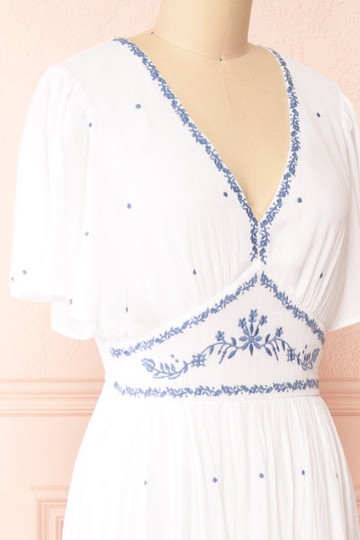 Monet White Maxi Dress w/ Blue Embroidery | Boutique 1861 side view