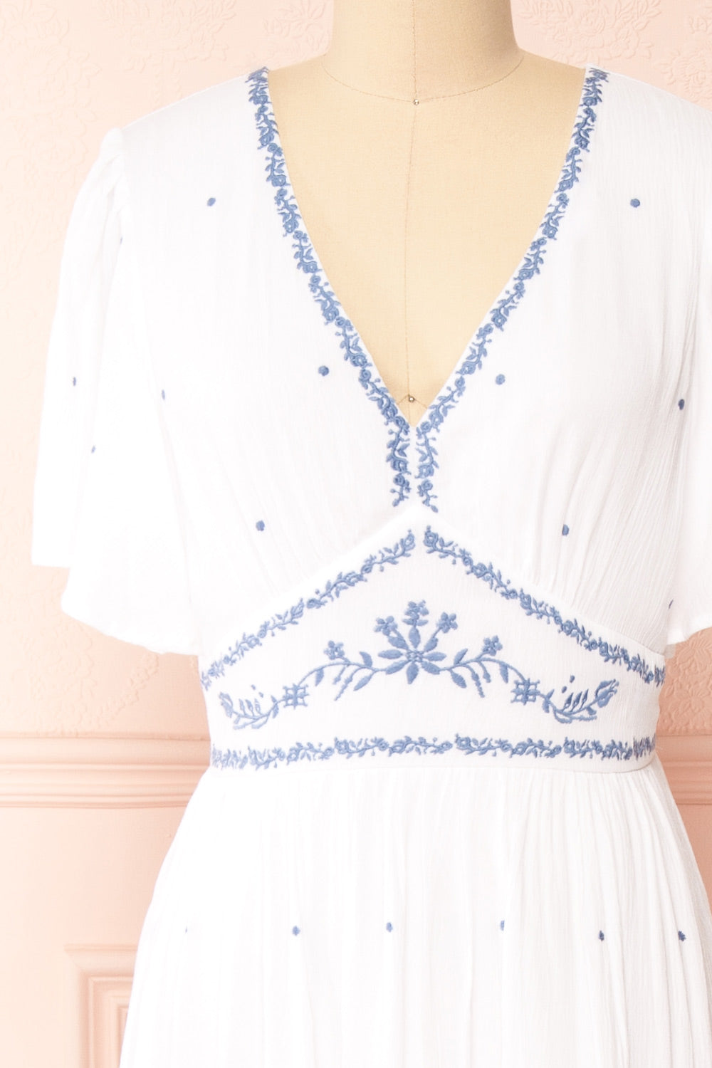 Monet White Maxi Dress w/ Blue Embroidery | Boutique 1861 front close-up