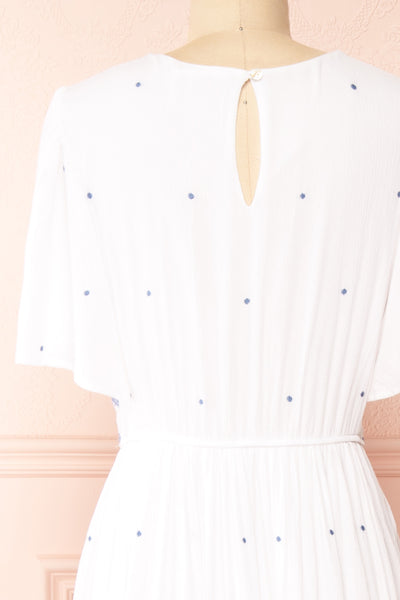 Monet White Maxi Dress w/ Blue Embroidery | Boutique 1861 back close-up