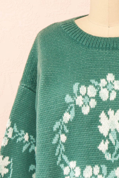 Monrovia Green Floral Patterned Knit Sweater | Boutique 1861 front close-up