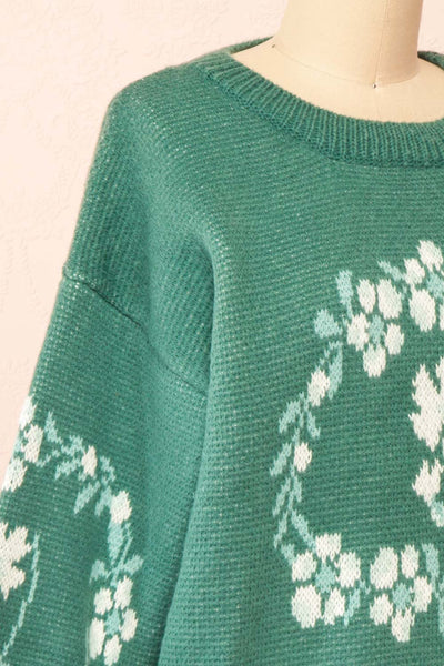 Monrovia Green Floral Patterned Knit Sweater | Boutique 1861 side close-up