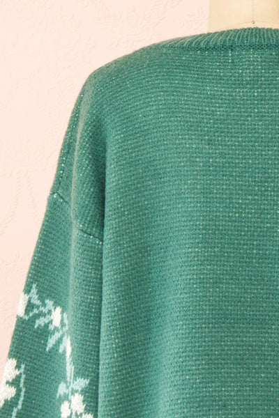 Monrovia Green Floral Patterned Knit Sweater | Boutique 1861 back close-up