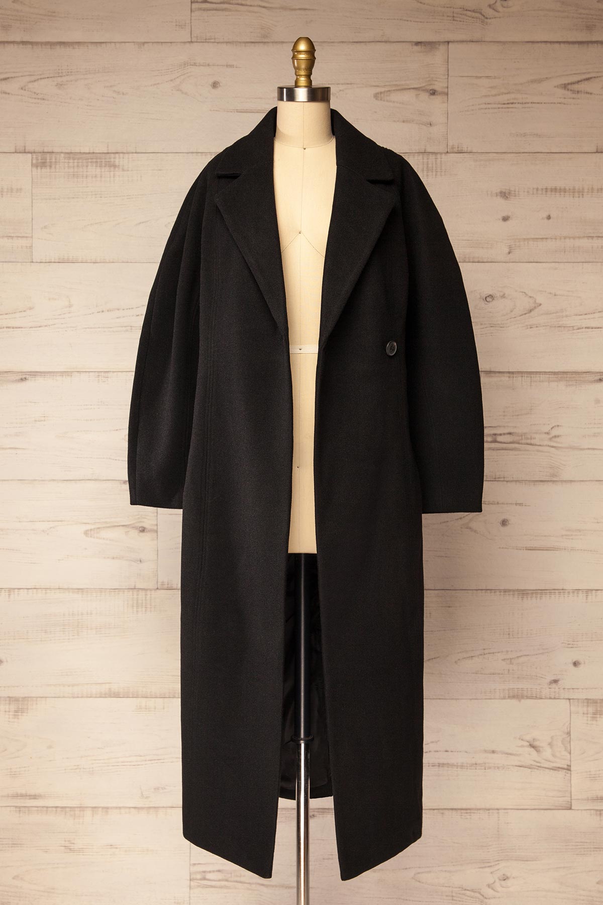 front open view of Montevi Long Black Tailored Coat at La petite garçonne