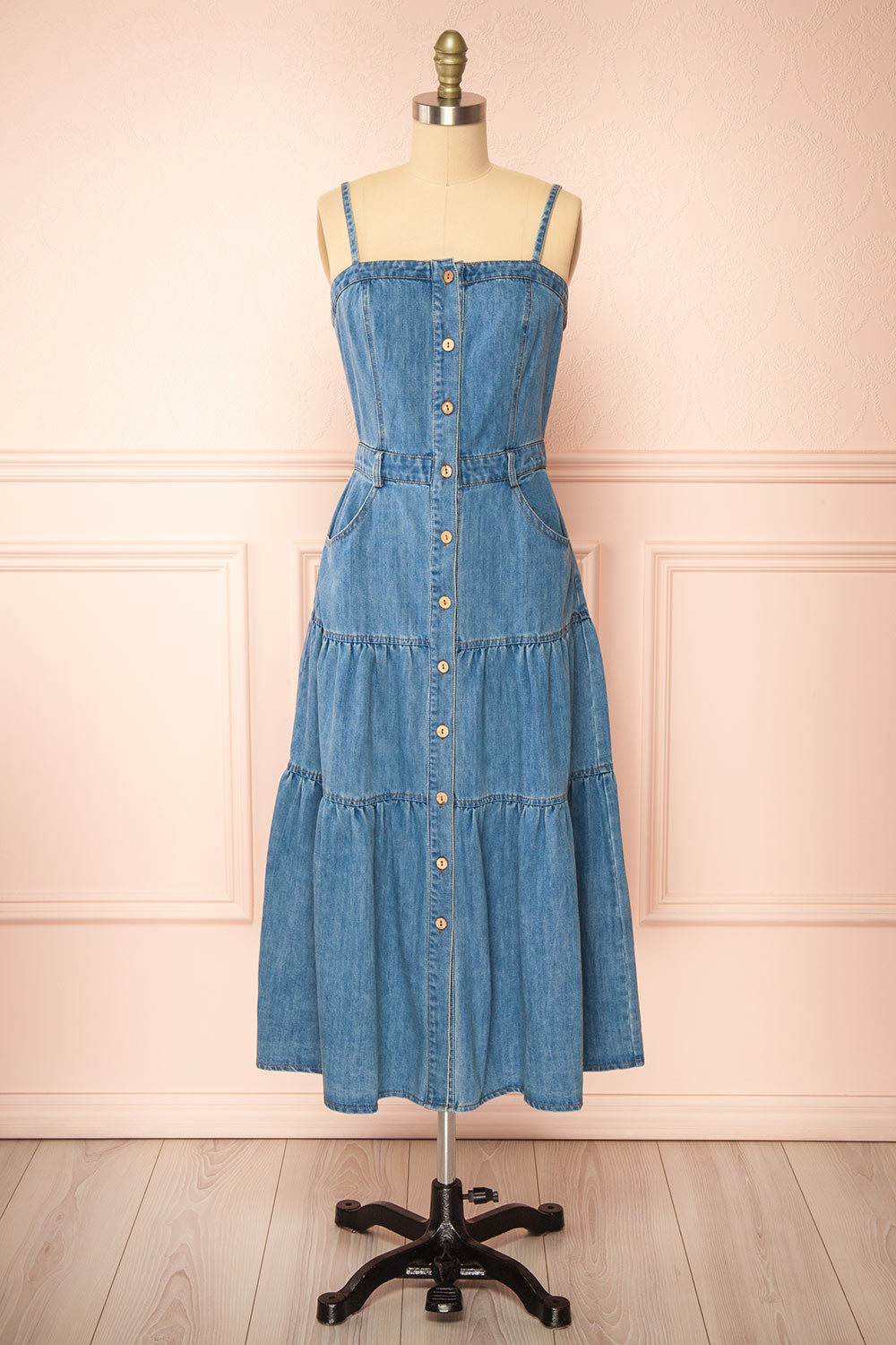 Moprina Long Blue Denim Dress w/ Pockets | Boutique 1861 front view