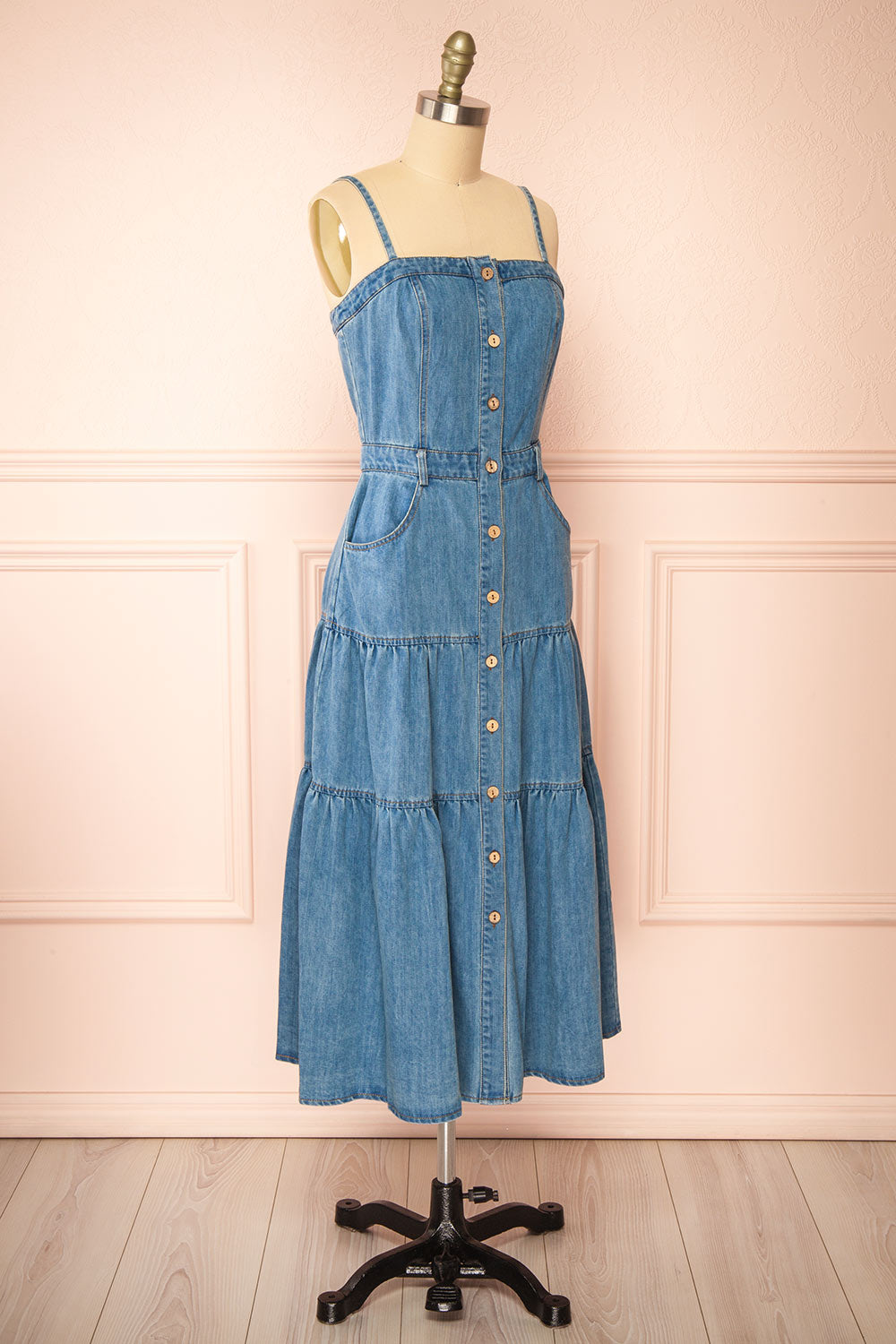 Moprina Long Blue Denim Dress w/ Pockets | Boutique 1861 side view 