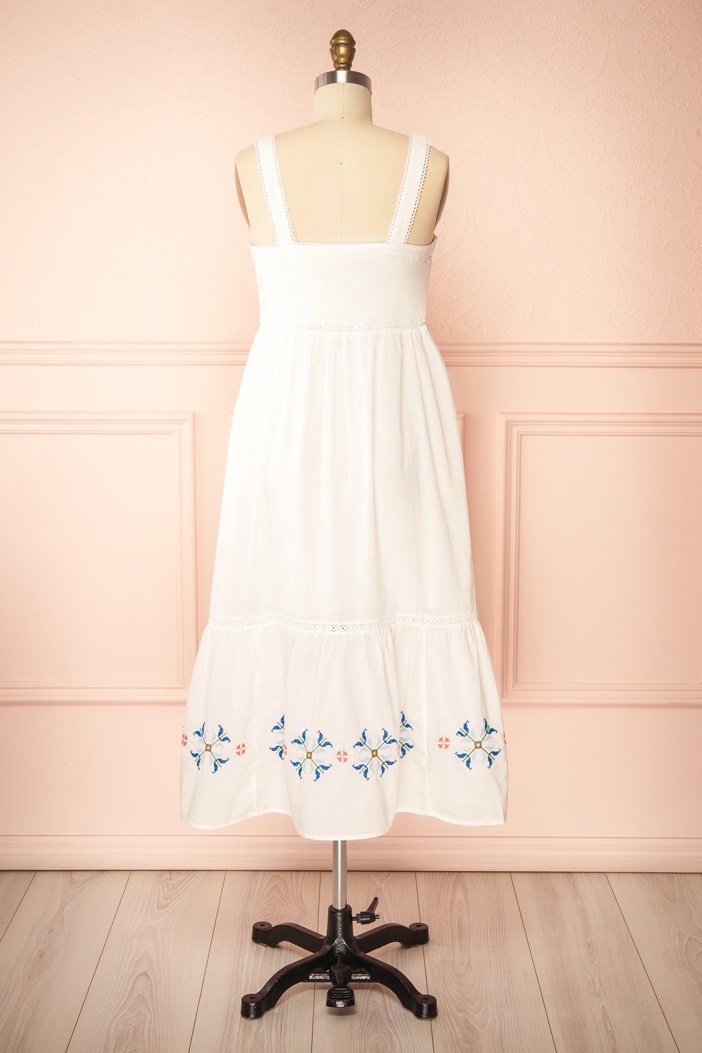 Backview Morbi White Midi Empire Waist Dress with Pockets at boutique 1861