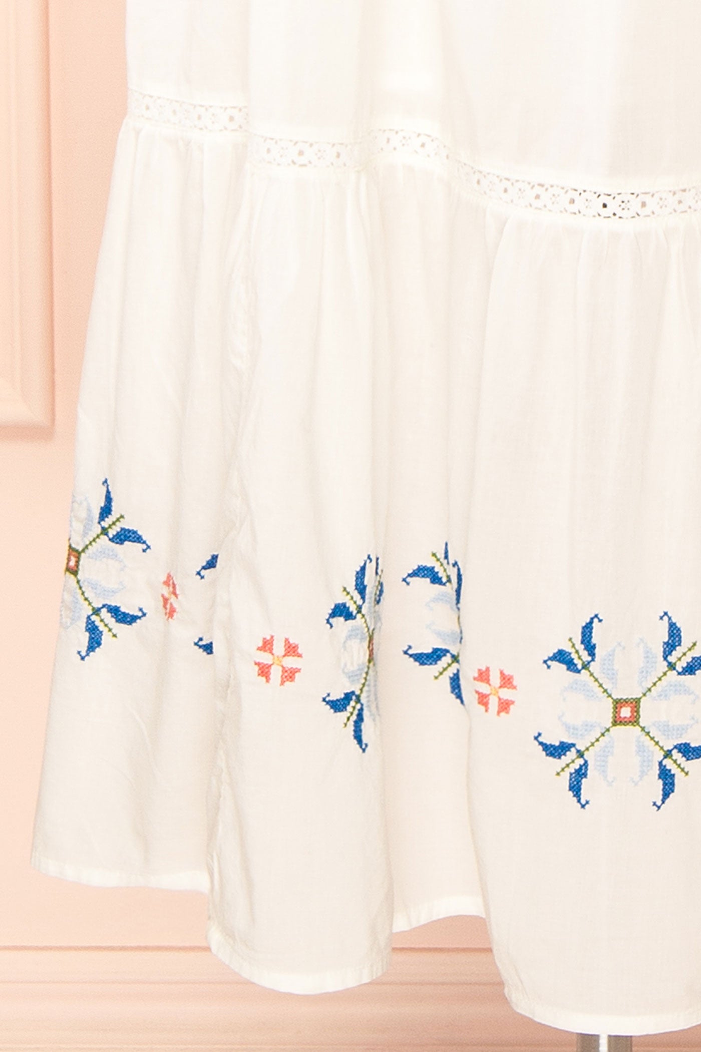 Close-up Morbi White Midi Empire Waist Dress with Pockets at boutique 1861