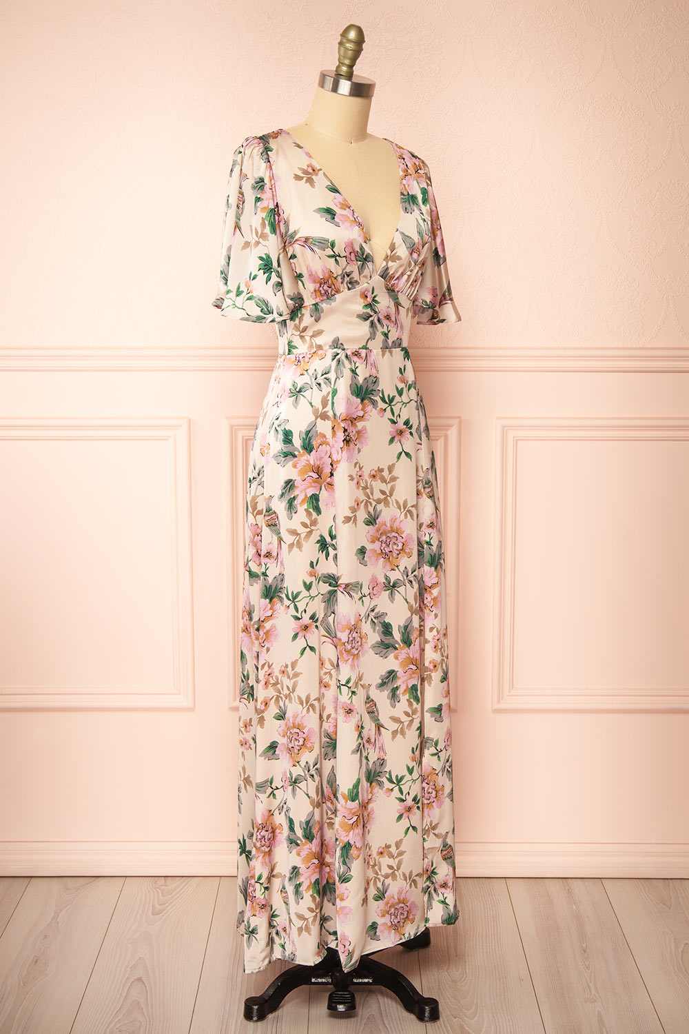 Morriven Satin Maxi Dress w/ Floral Pattern | Boutique 1861  side view