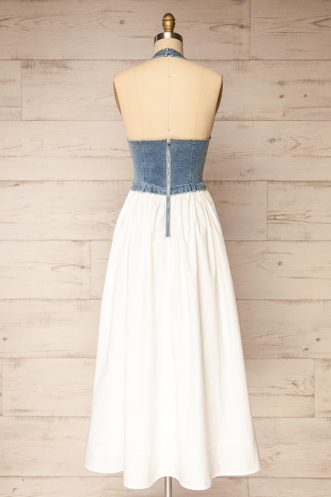 Murphy | Denim Halter Mixed-Media Midi Dress with Pockets