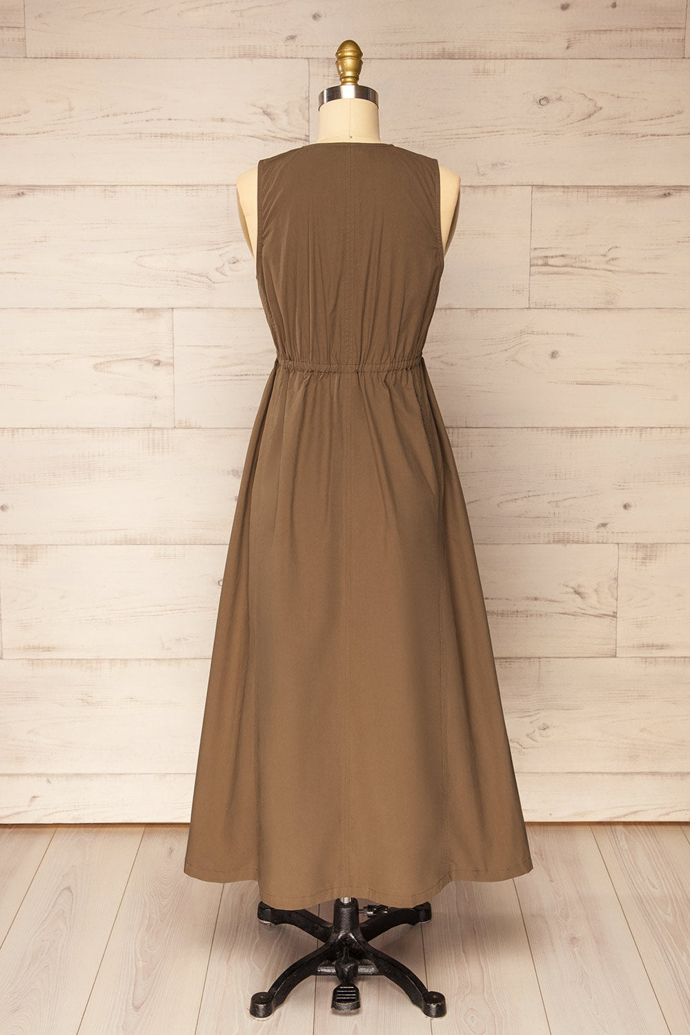 Murwara Poplin Brown Midi Dress with Zip Detail and Pockets | La petite garçonne back view