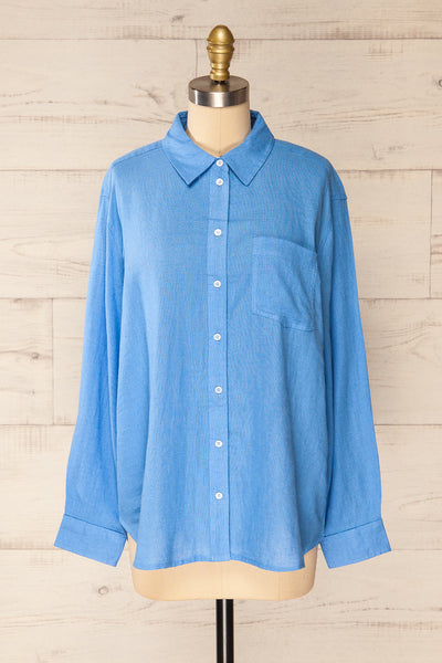 Musigen Blue Oversized Linen Shirt | La petite garçonne front view