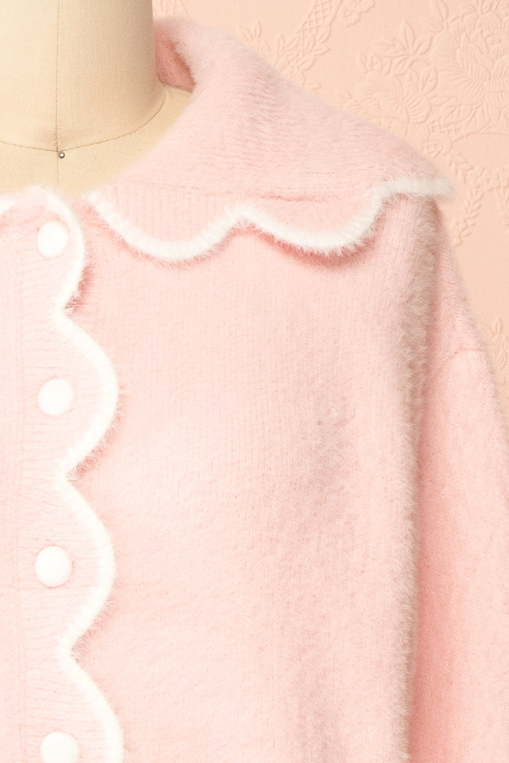 Myrabel Pink Fuzzy Cardigan with Scalloped Hem | Collar 