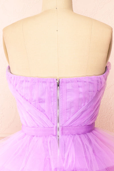 Myrah Lavender Strapless Tiered Tulle Short Dress | Boutique 1861 back close-up